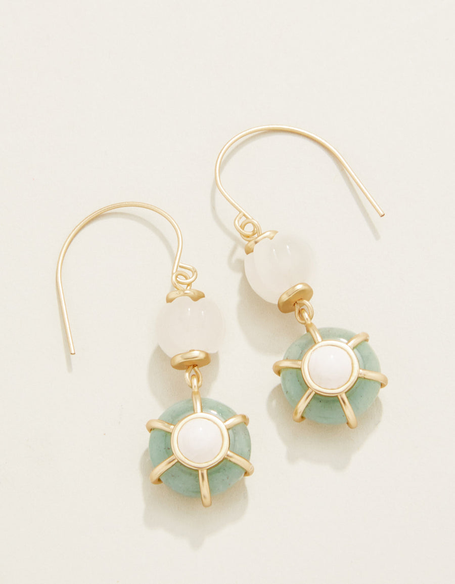 A pair of earrings with white and sea foam jade stone drops in 18kt matte gold plating.