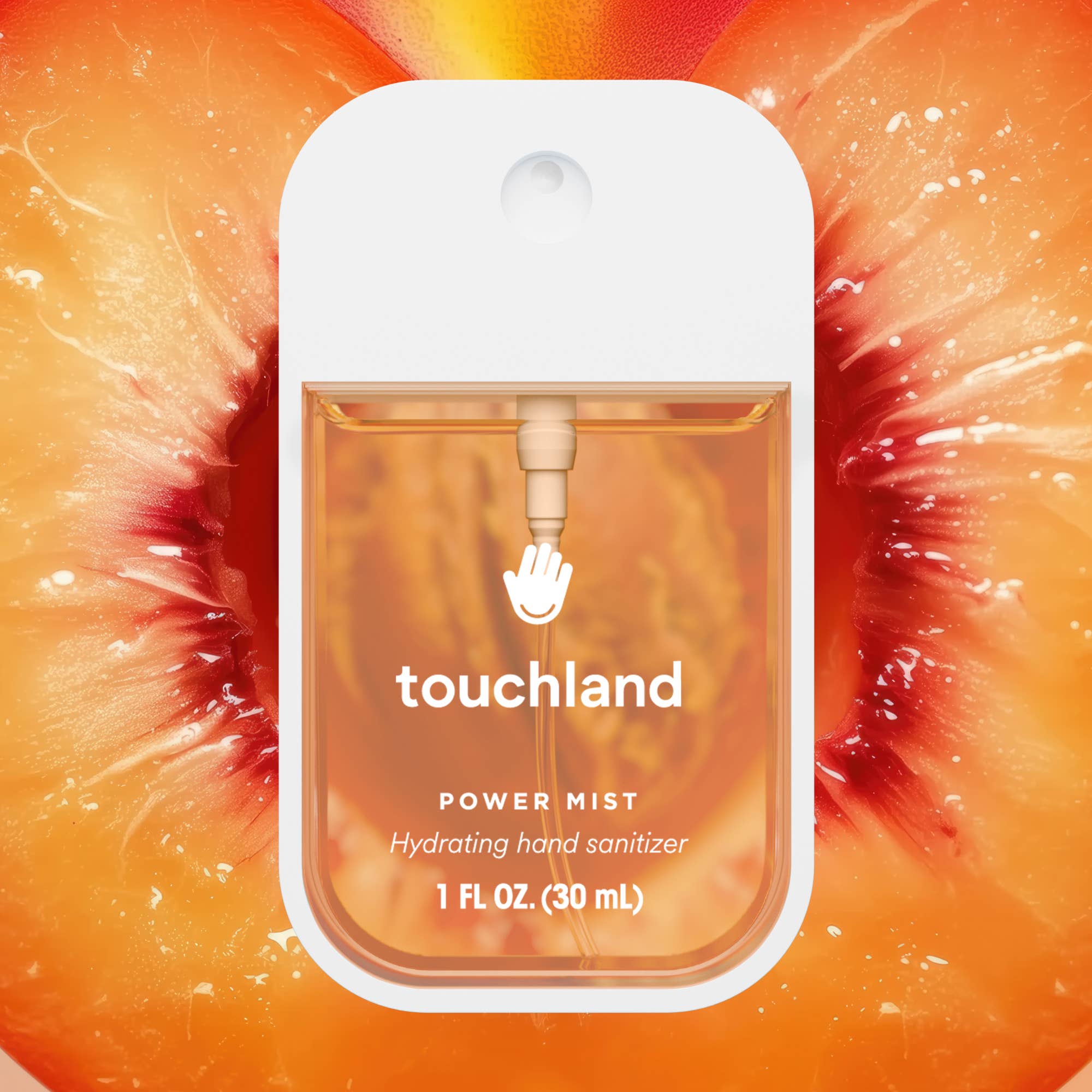 Touchland power mist hand sanitizer packaging on a colorful background