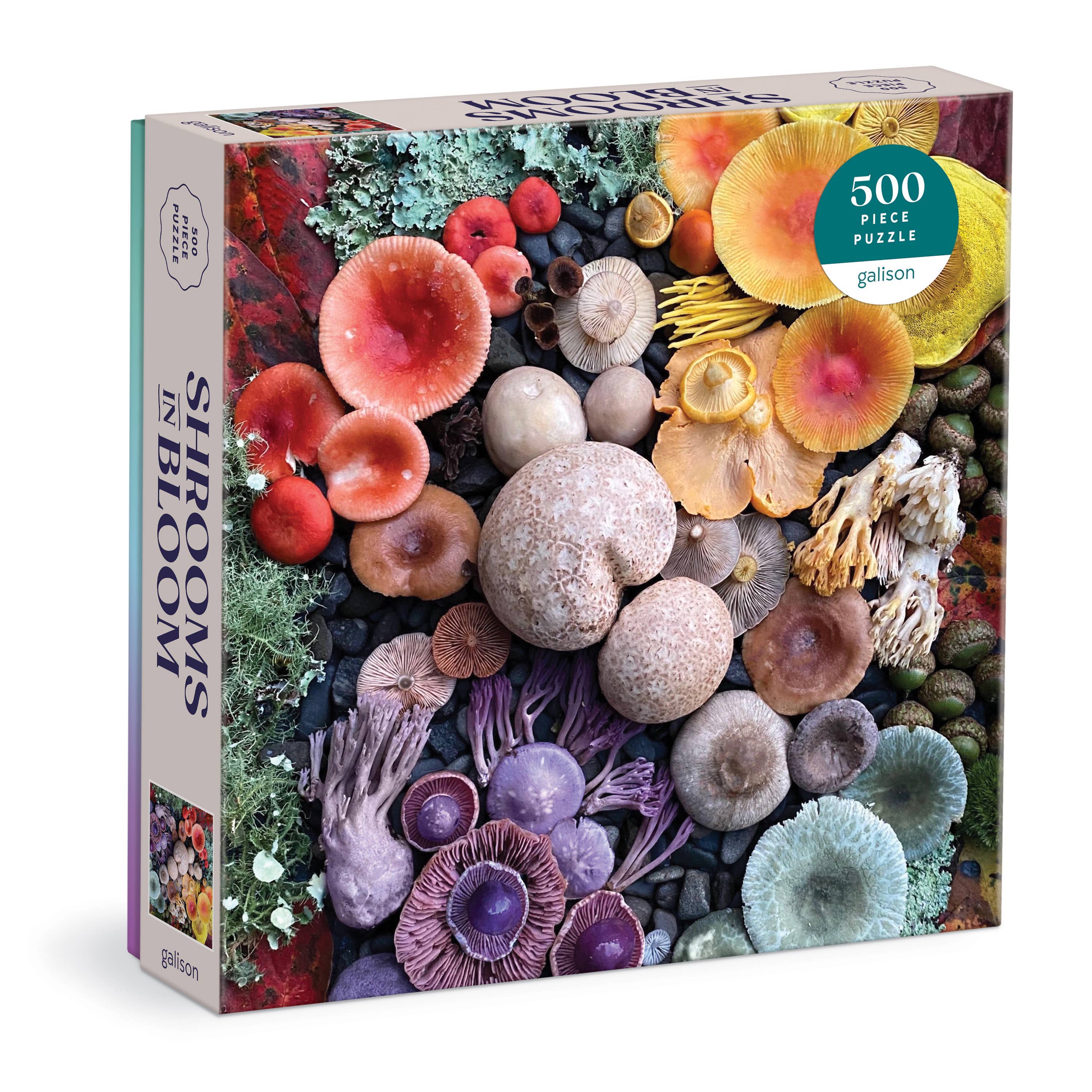 A 500 piece puzzle box featuring a vibrant collage of various colorful mushrooms on a grey background.