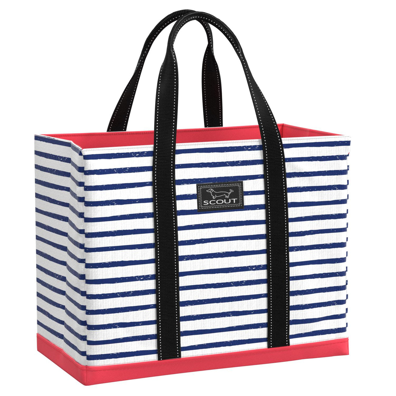 A striped tote bag with black straps and handles, featuring a navy and pink color scheme, and a label with the brand 'Scout' on it.