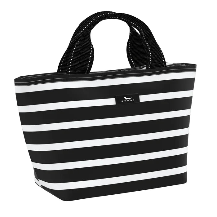 black and white striped lunchbox and black straps