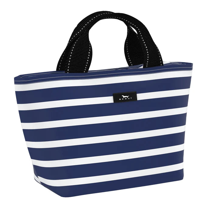 blue and white striped lunchbox with black straps