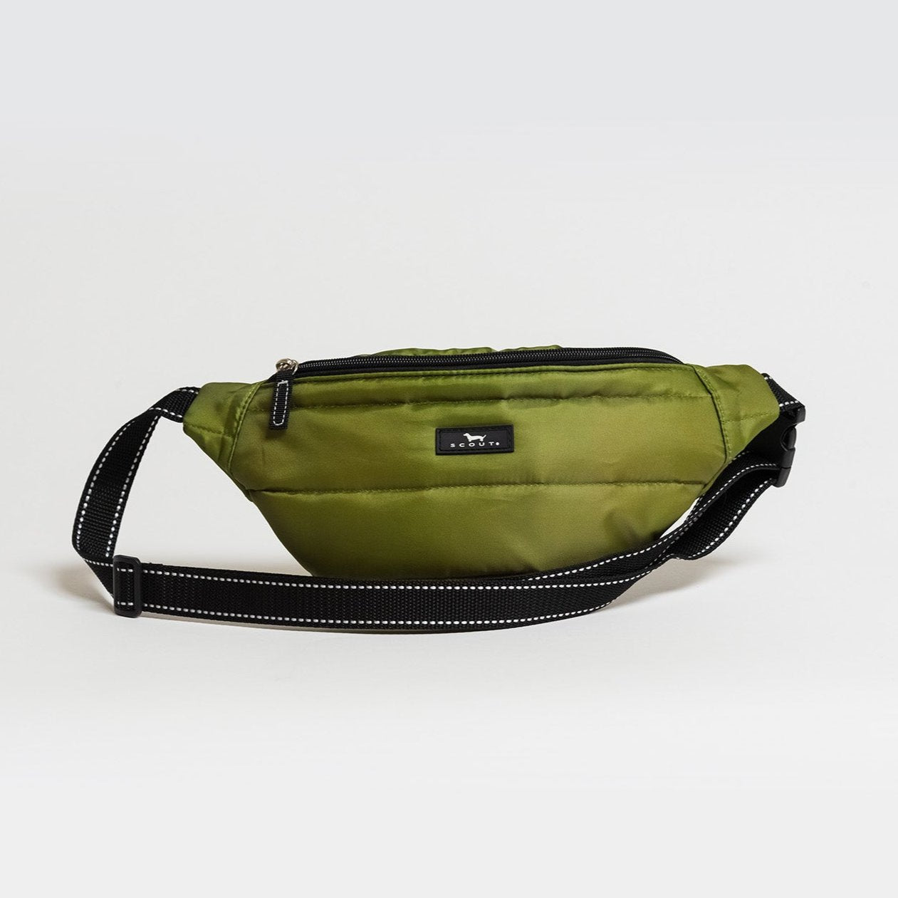 A green Sun Belt crossbody bag with a black strap and zipper closure, displayed against a white background.