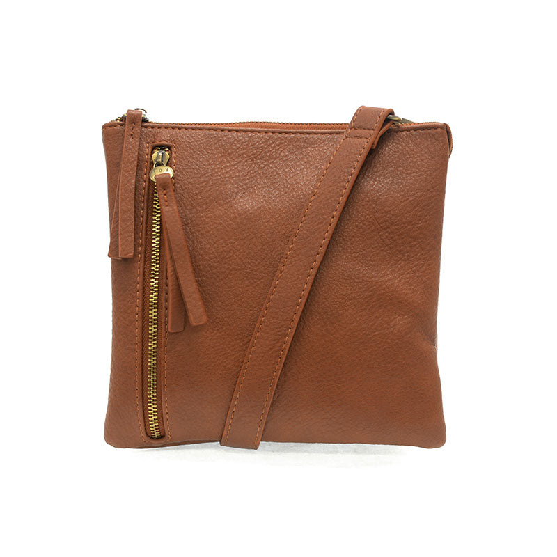 Brown leather crossbody bag with a gold zipper on a white background