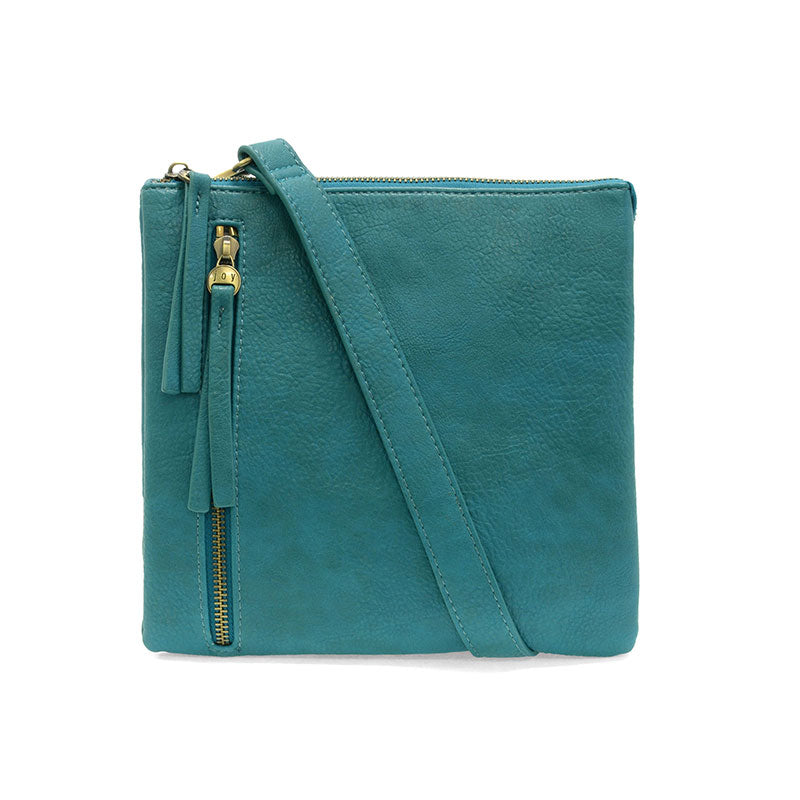 Teal leather crossbody bag with gold zippers on a white background