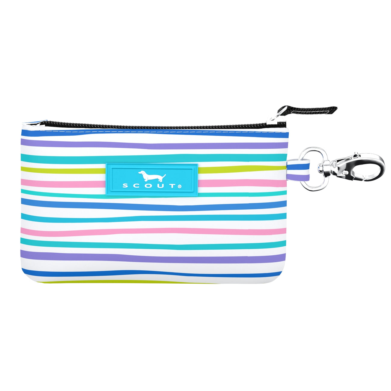 A multicolored striped card holder with a clear plastic window and a black key clasp, branded with 'scout'.