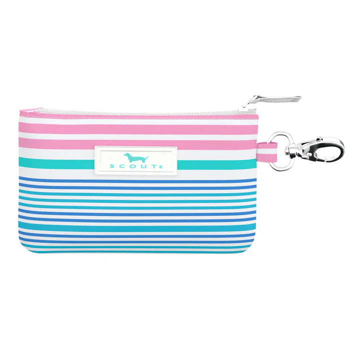 Striped pouch with pink and blue stripes on a white background