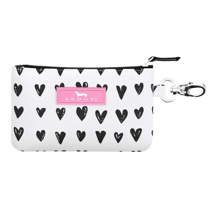 White pouch with black heart pattern and pink Scout logo on a white background