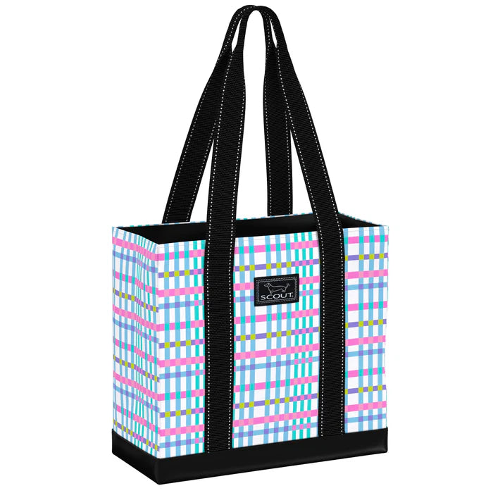 A multicolored checkered tote bag with black straps and a black label on the front.