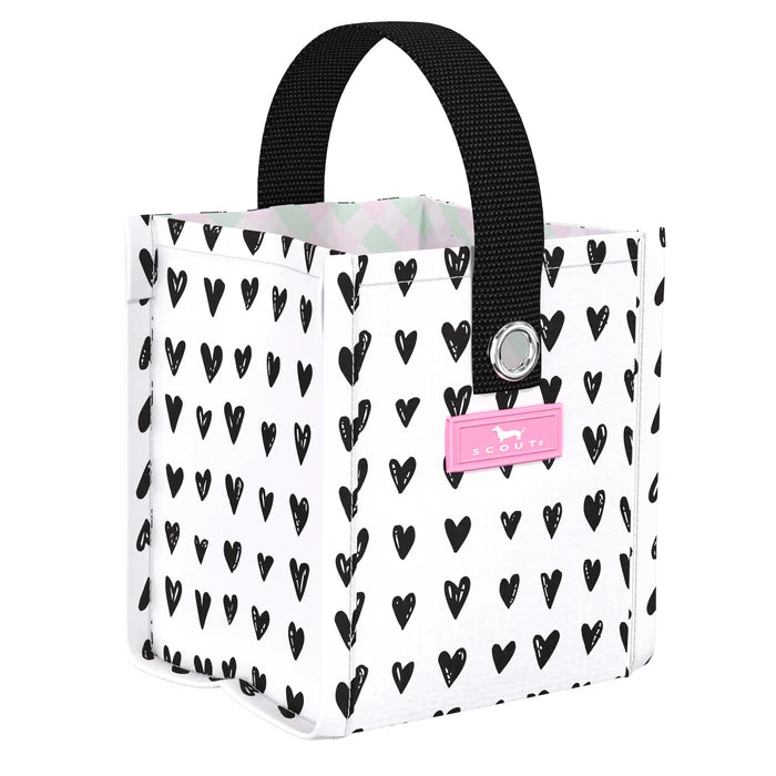 A multicolored gift bag with a pattern of various dog breeds, featuring a black handle.