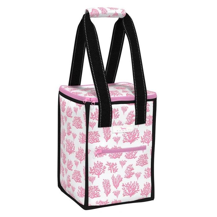 A tall, square, insulated cooler bag with a black handle and a green and yellow floral pattern. It has a zippered front and a slip-resistant back.