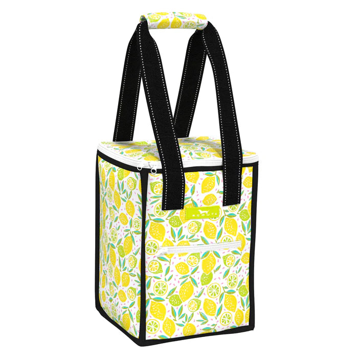 A tall, square, insulated cooler bag with a black handle and a green and yellow floral pattern. It has a zippered front and a slip-resistant back.