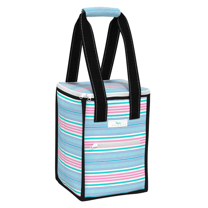 A tall, square, insulated cooler bag with a black handle and a green and yellow floral pattern. It has a zippered front and a slip-resistant back.