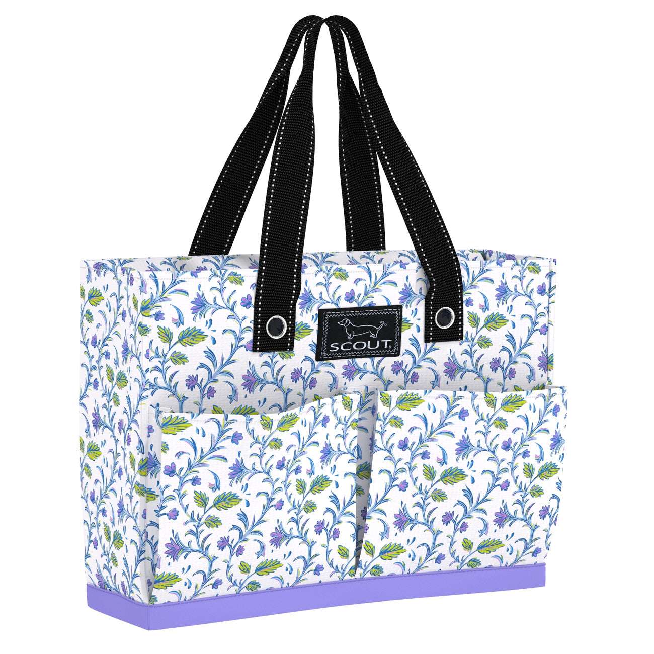 Uptown Girl Tote Bag purple flowers on white background