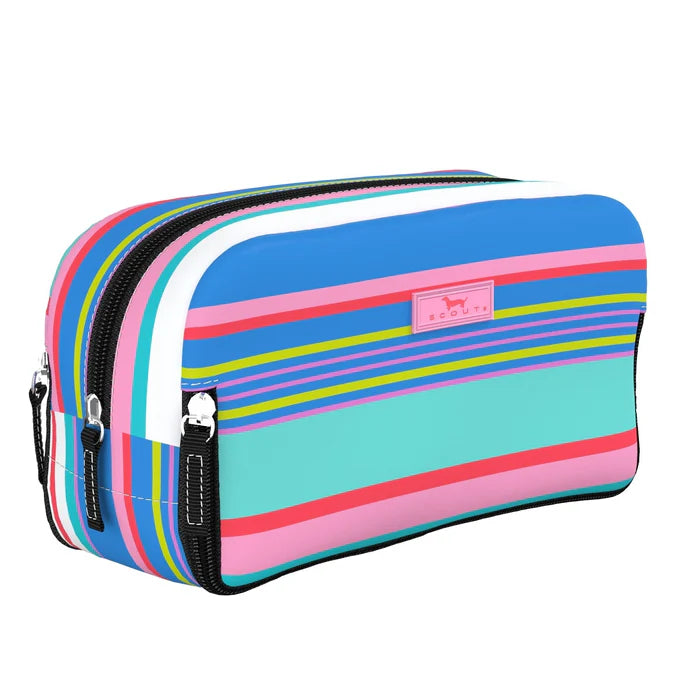 Multicolored striped pouch with a pink logo on a white background