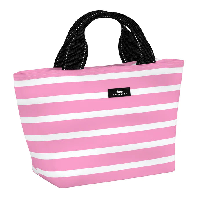 A black and white striped lunch box with a zipper closure and two handles.