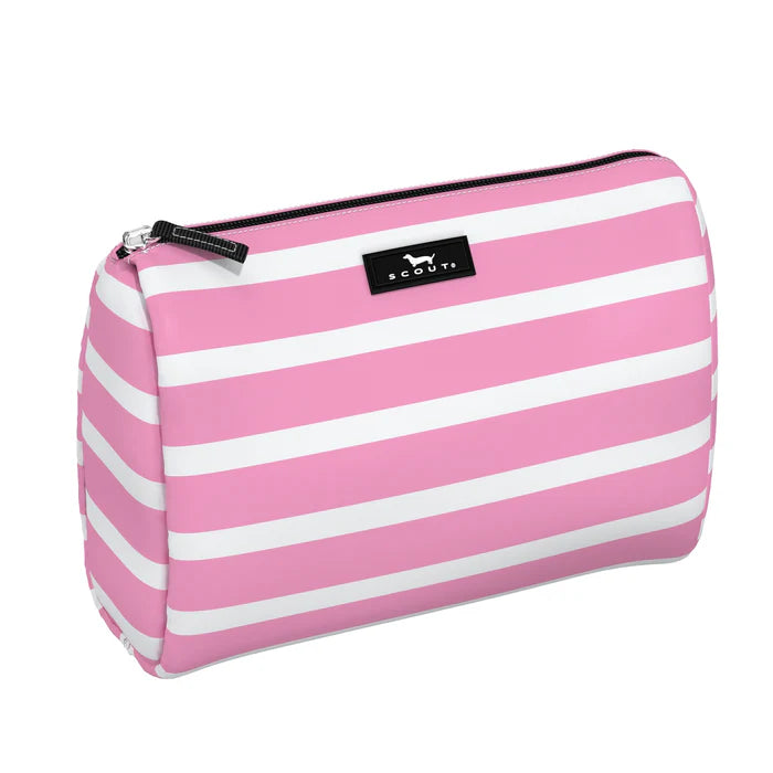 Pink and white striped pouch with a visible brand logo on a white background