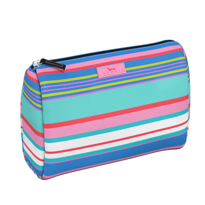 Multicolored striped pouch with a visible brand logo on a white background