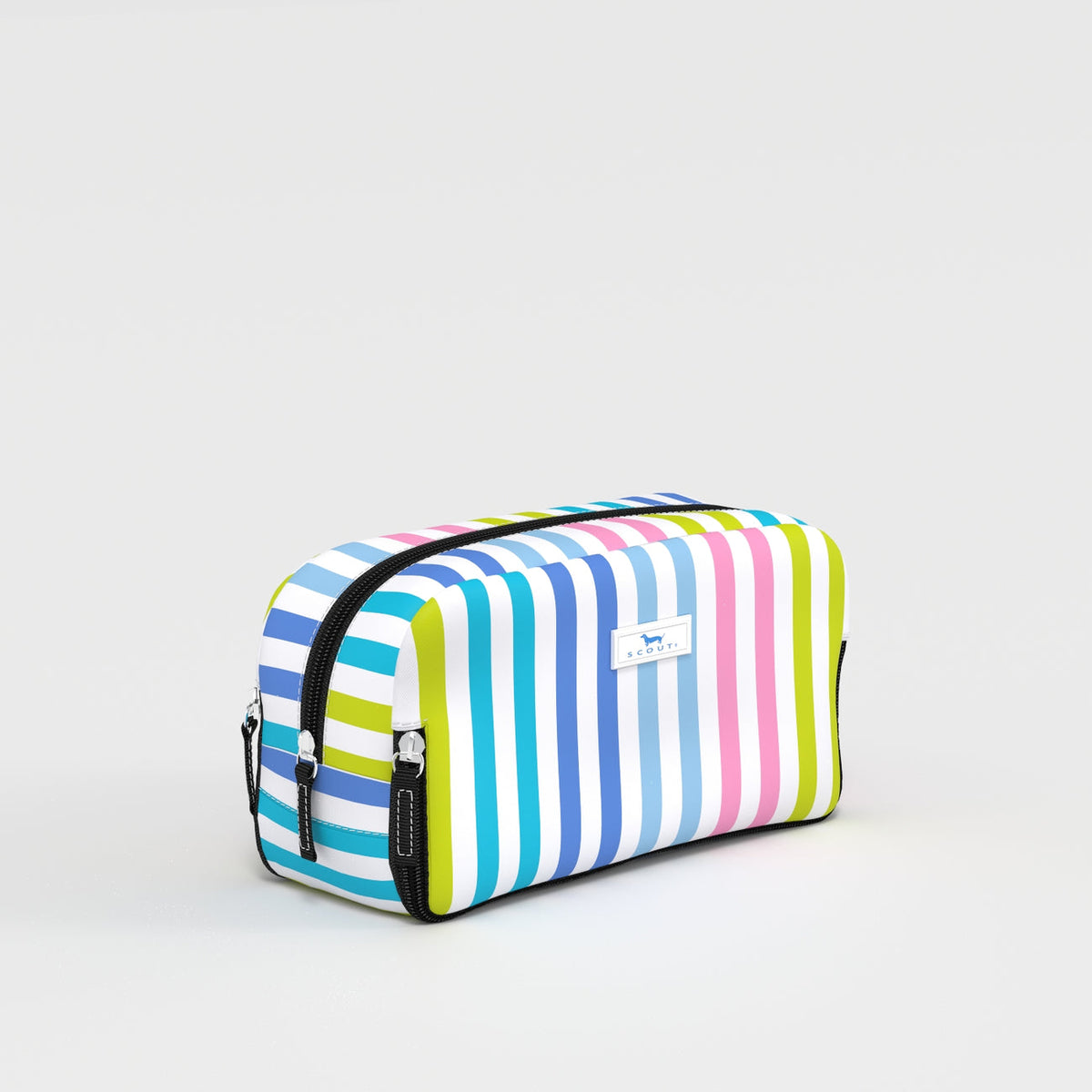 Multicolored striped toiletry bag on a light gray background