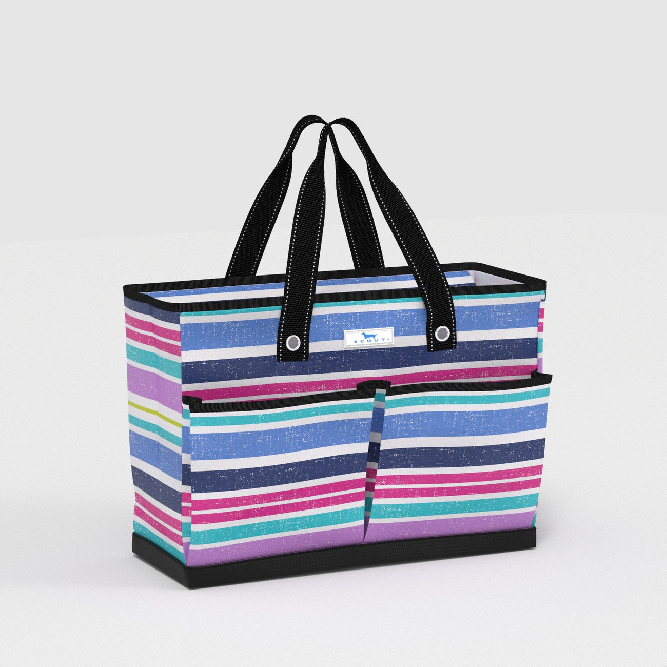 Striped tote bag with black handles on a light gray background