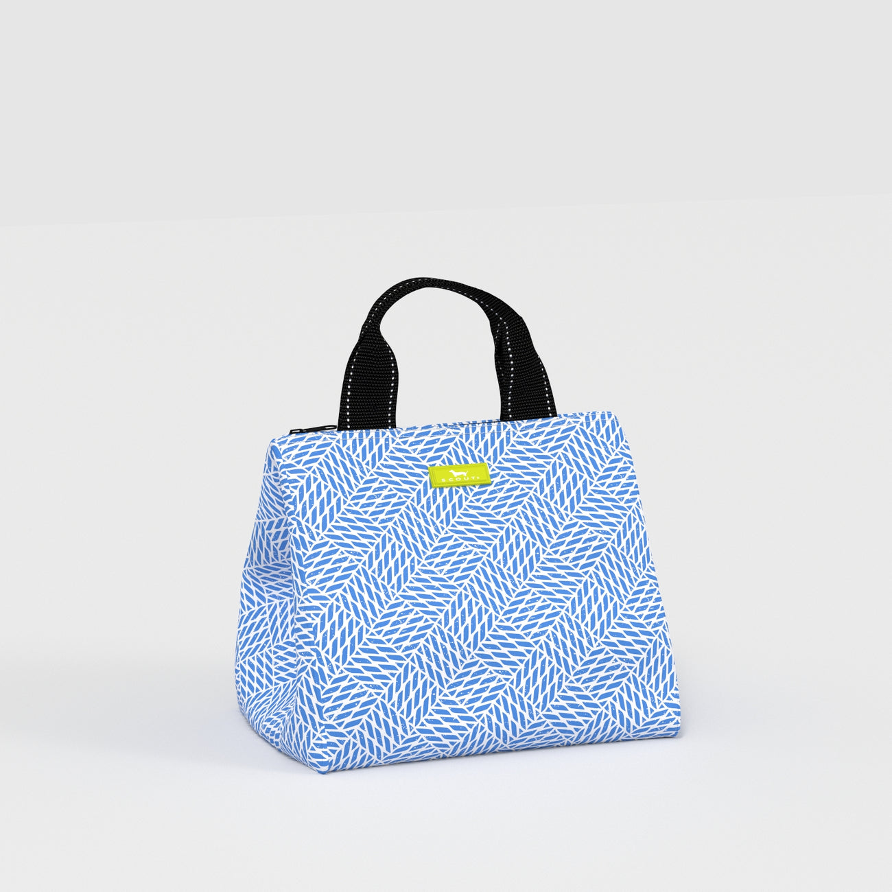 Blue patterned bag with a black handle on a light gray background