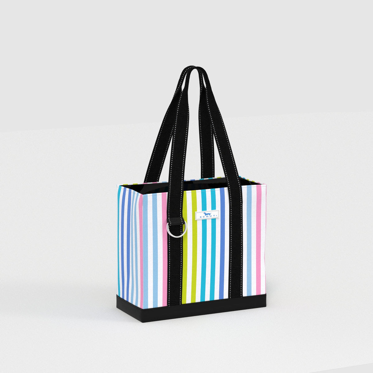 Striped tote bag with black handles on a light gray background