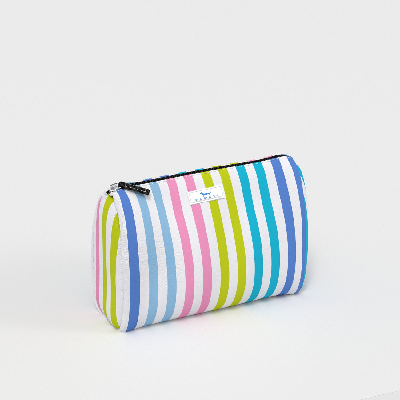 Striped cosmetic
case with a brand logo on a white background