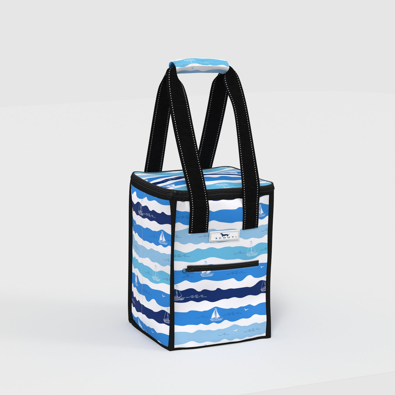 Blue and white striped cooler bag with black handles on a light gray background
