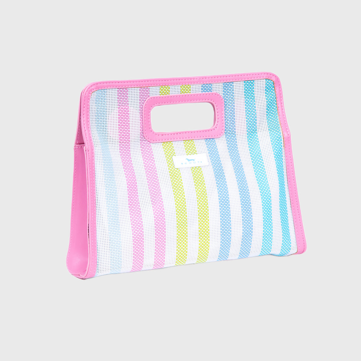 Striped pouch with pink border on a light gray background