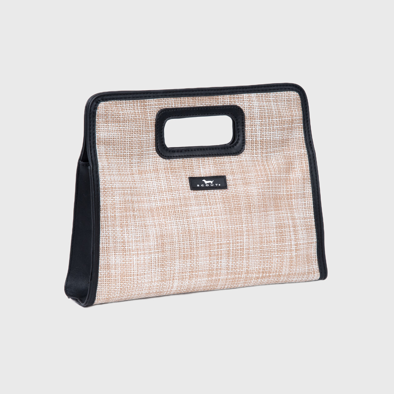 Beige clutch bag with black trim on a light gray background