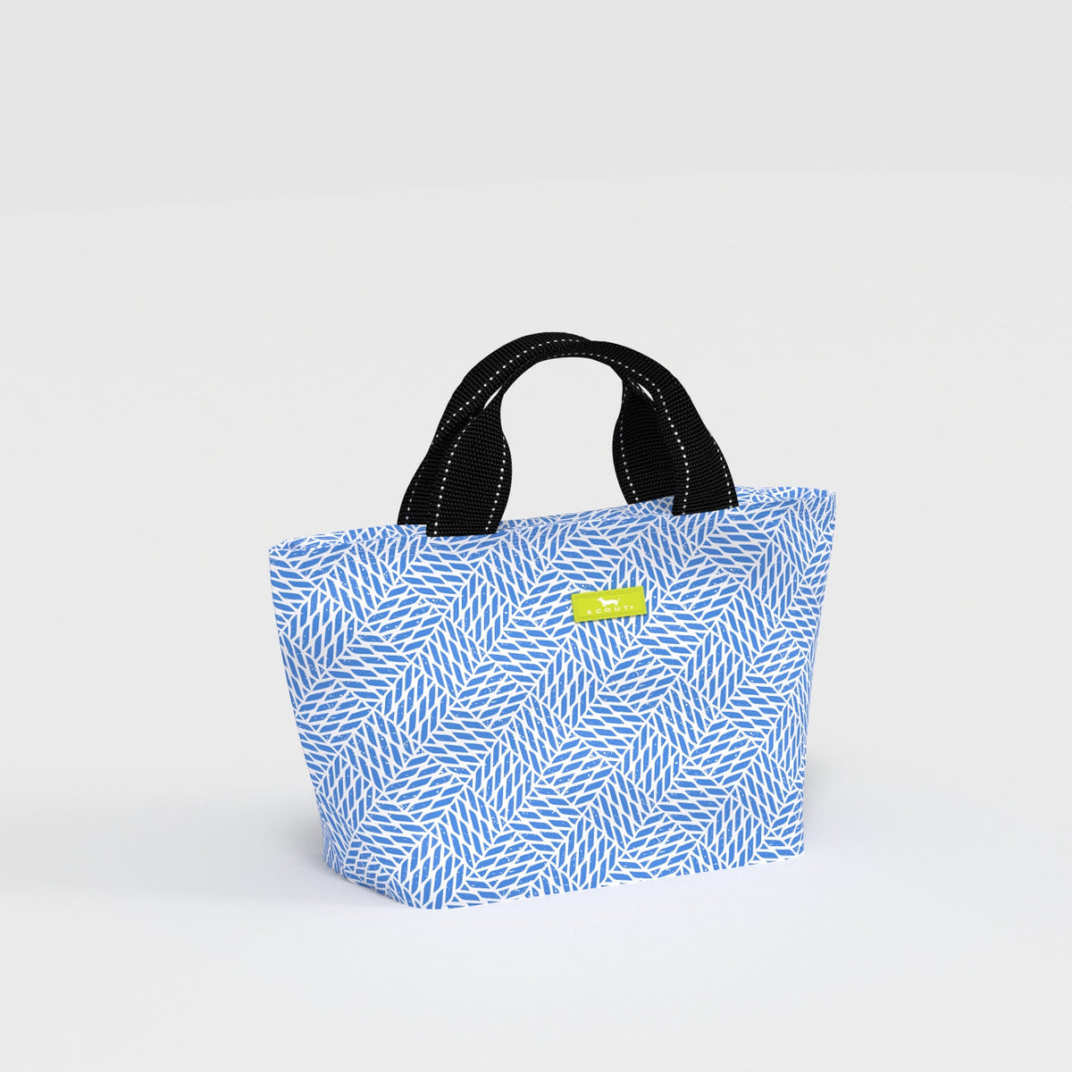 Blue patterned tote bag with a black handle on a light gray background