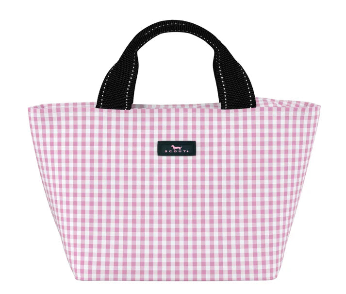 A pink and white checkered lunch bag with a black handle and zipper.