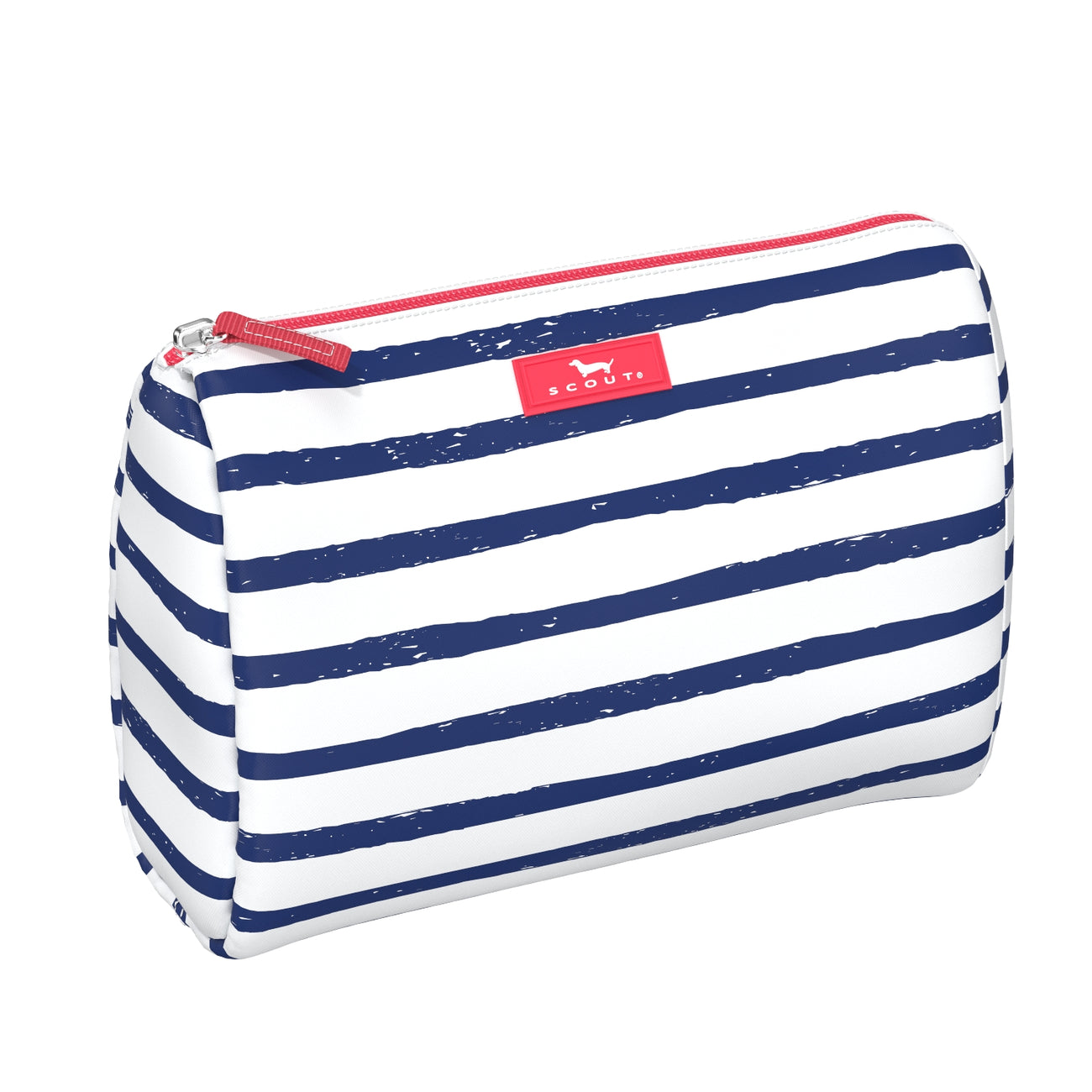 A white and blue striped cosmetic and toiletry bag with a zipper closure and a brand tag showing.