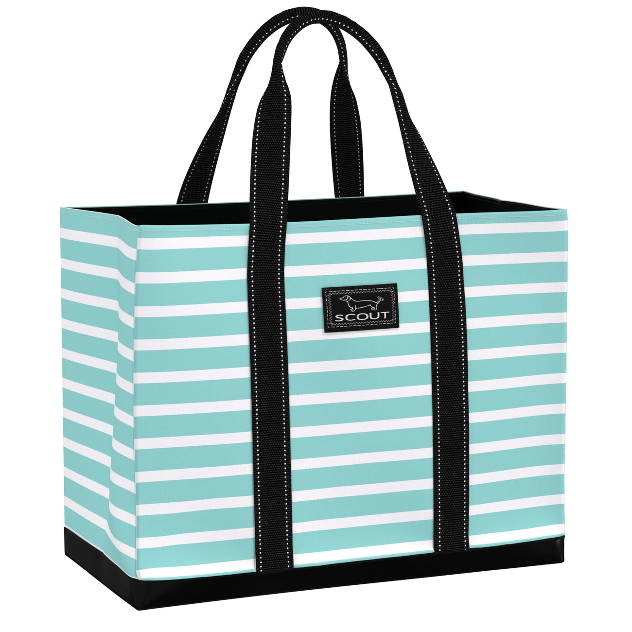 A mint green and black striped tote bag with a black zipper and grip handles.