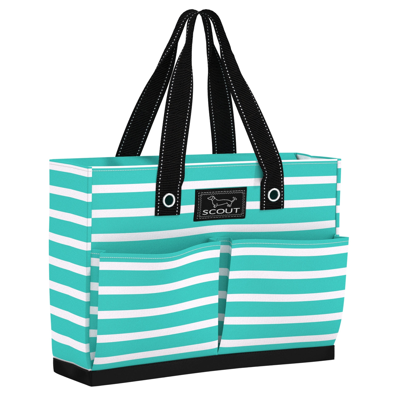 A slim, structured tote bag with a mint and white stripe pattern, featuring a black logo label, multiple handles, and exterior pockets.
