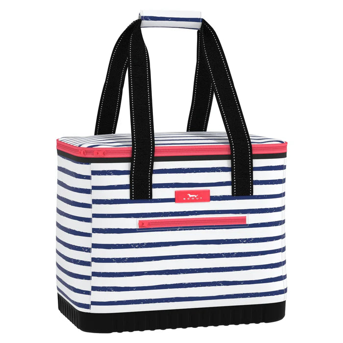 A striped cooler with black straps and a brand logo on the front, capable of holding canned beverages.