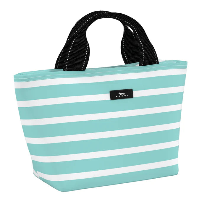 green and white striped lunchbox and black straps