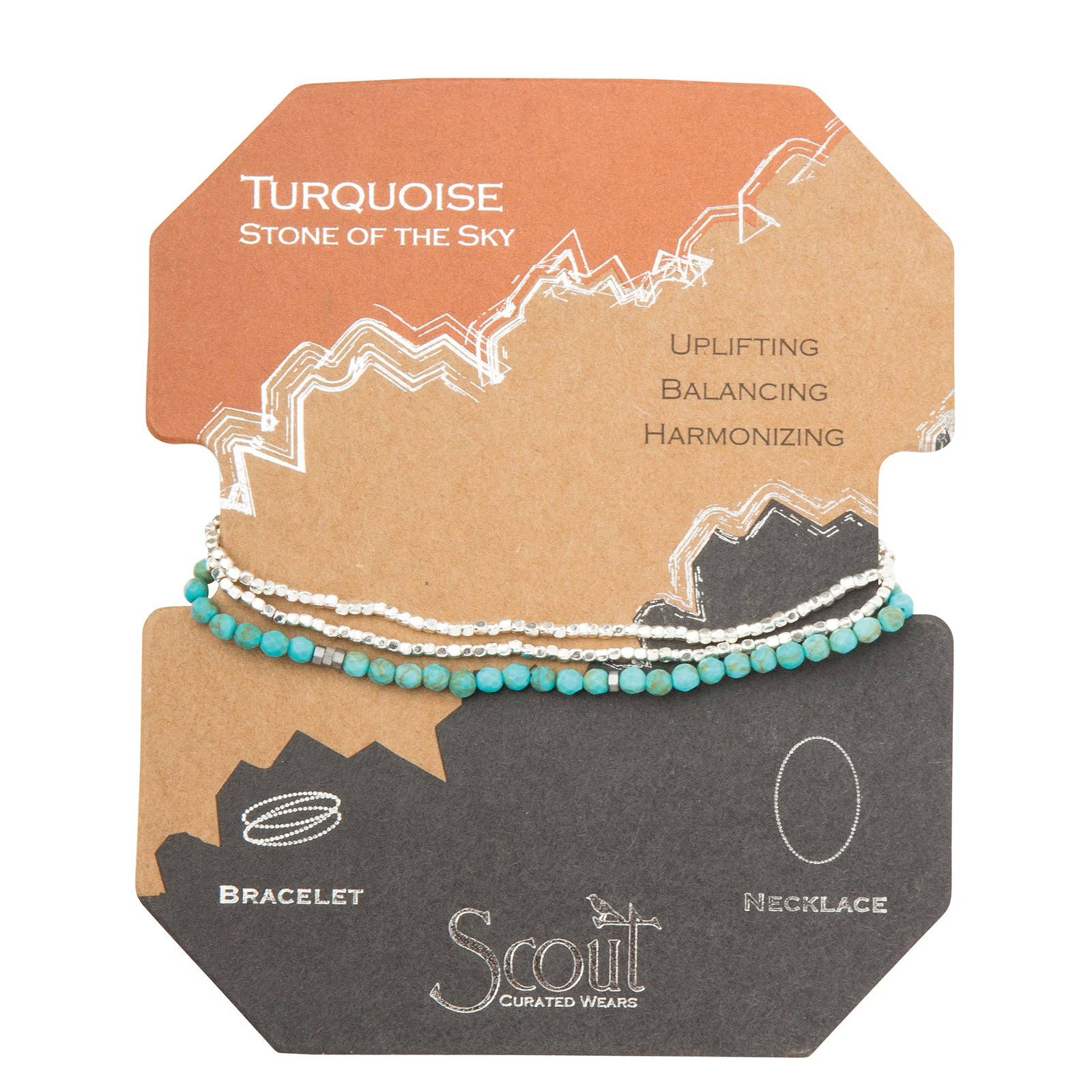 A turquoise and silver bracelet with geometric metal beads, presented on a card with 'Turquoise Stone of the Sky' text and a small geometric design.