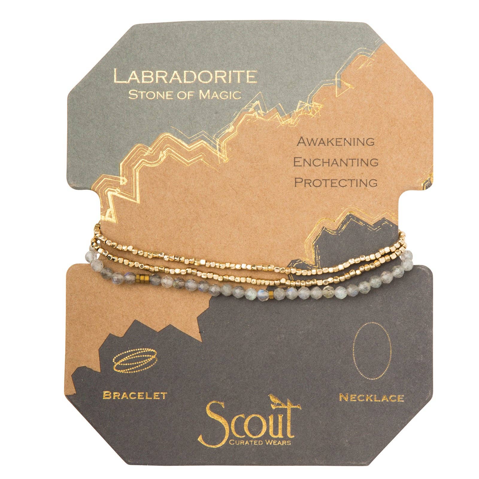 A bracelet made with labradorite beads and gold-colored accents, presented on a card with the brand name 'Scout' and the words 'Labradorite - Stone of Magic. Awakening.