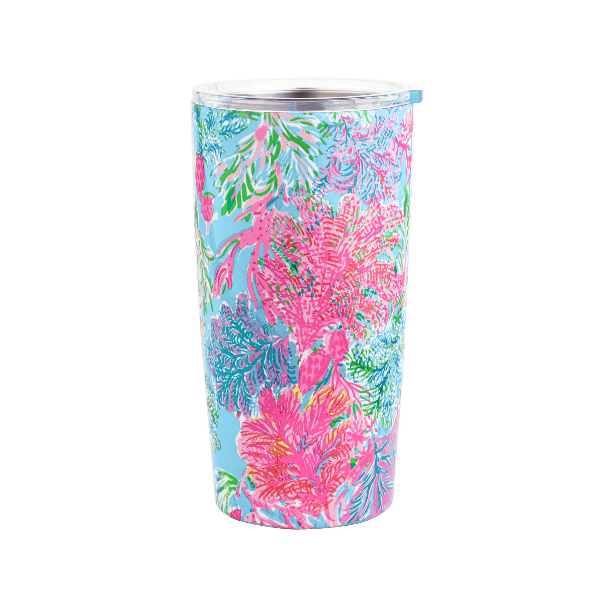 A stainless steel thermal mug with a multicolored floral print design.