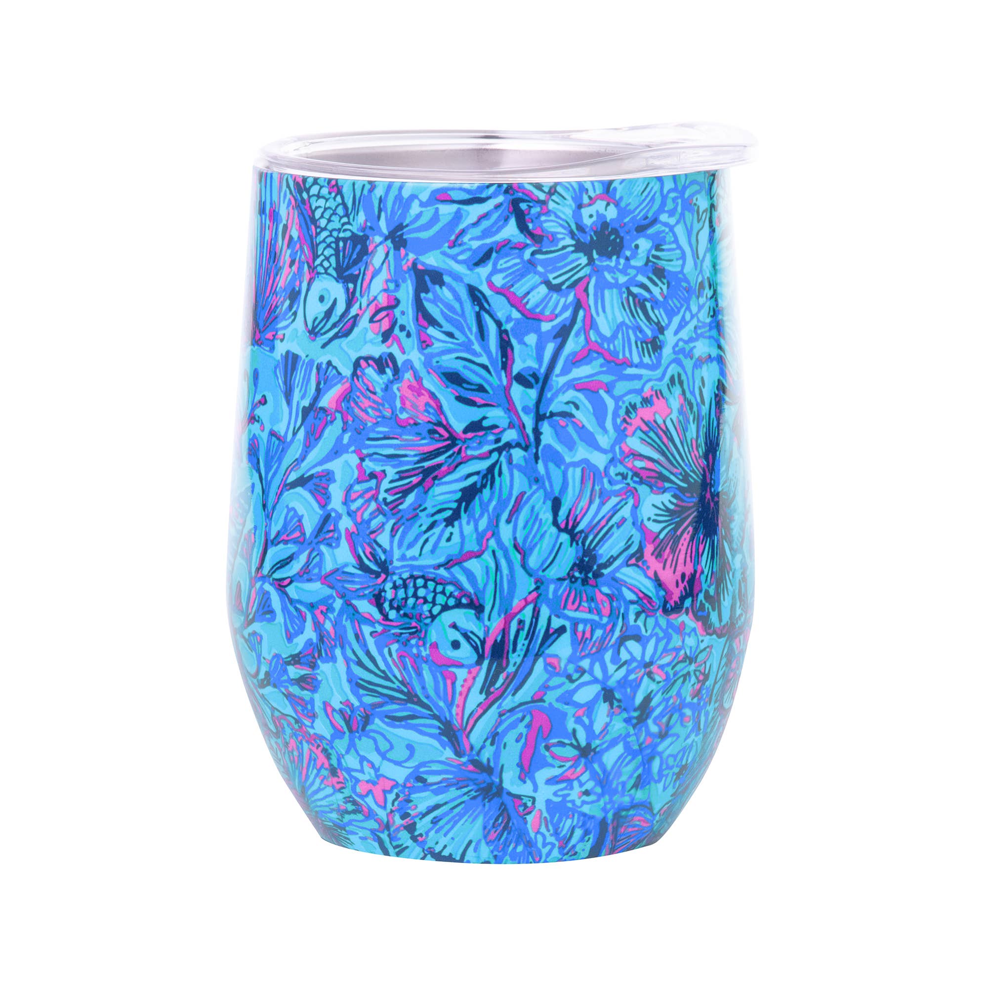 A colorful insulated stemless tumbler with a floral pattern, featuring a double-wall stainless steel body and a clear acrylic lid.