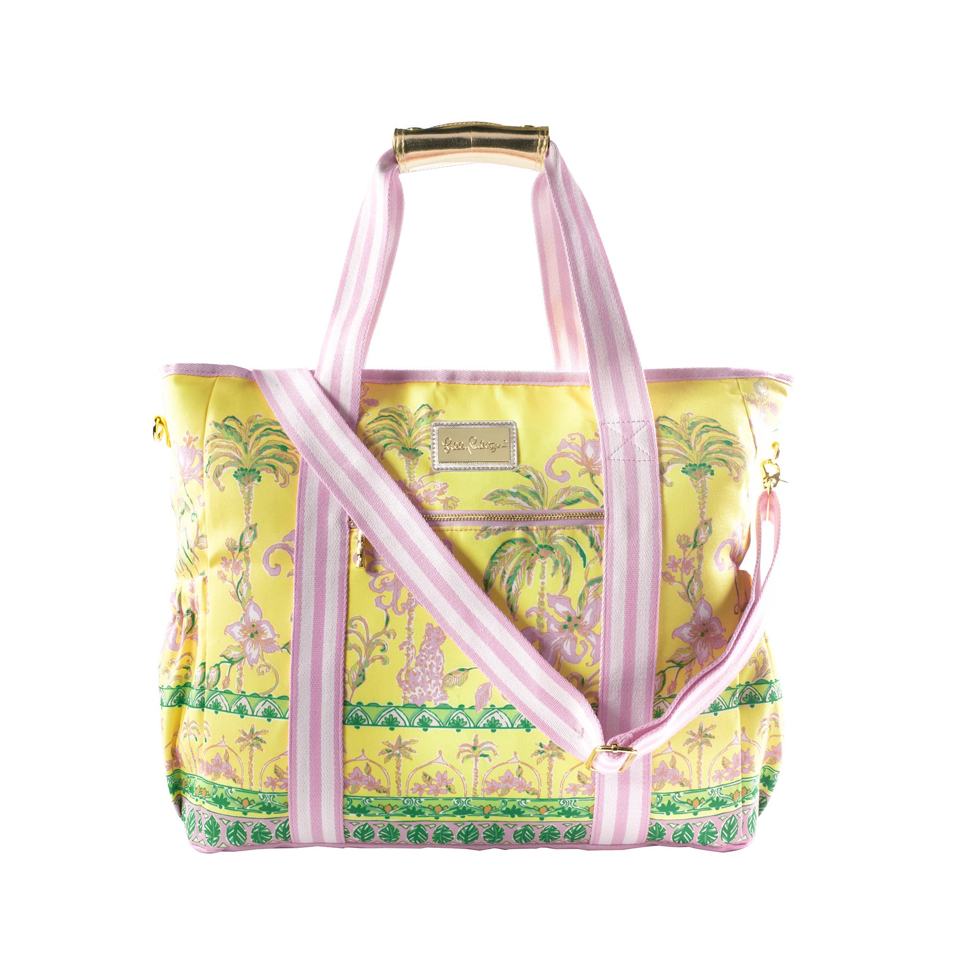 A bright multicolored picnic cooler bag with a tropical oasis design, featuring a palm tree pattern and pink trim, with a sturdy top handle and adjustable straps.