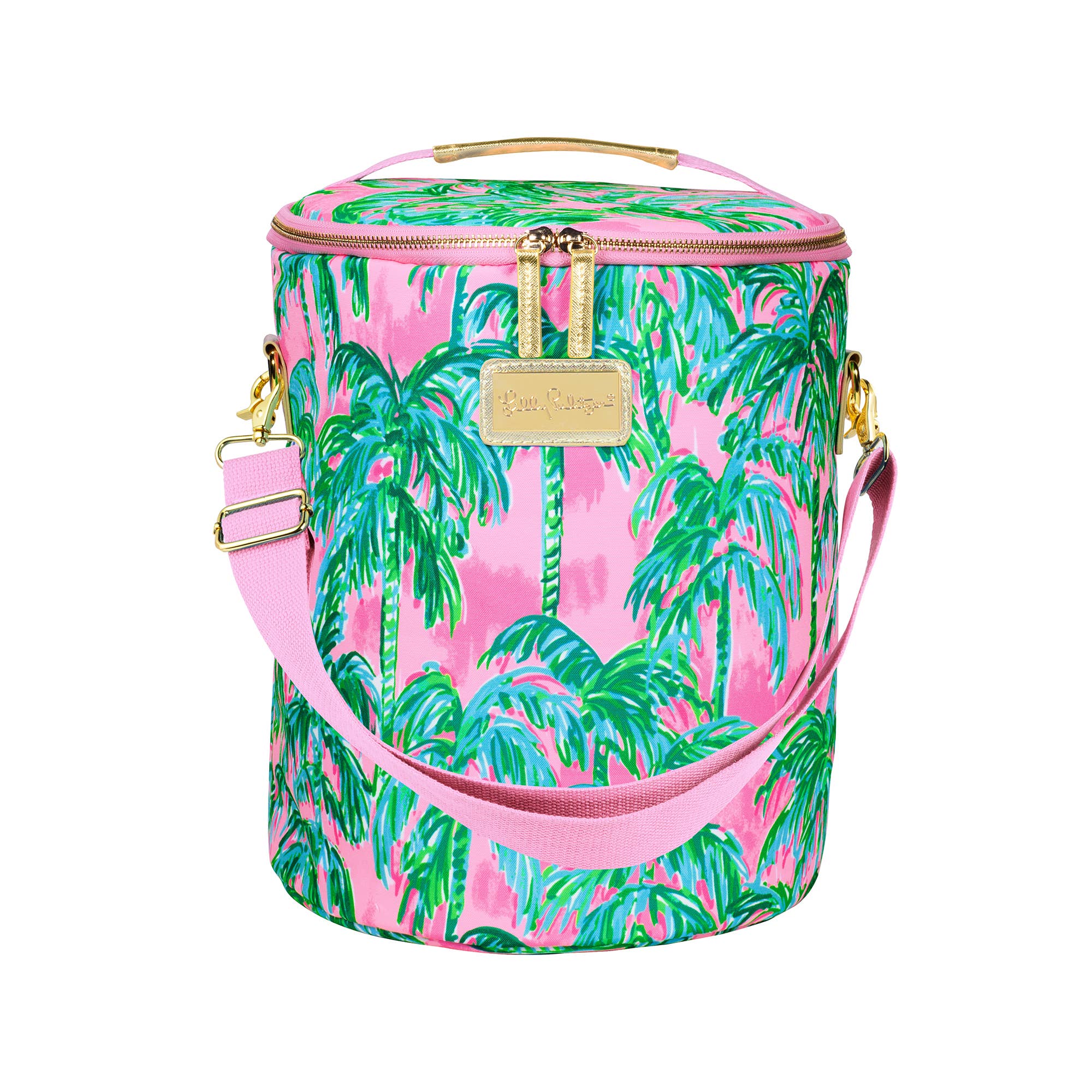 Insulated cooler bag with a Lilly Pulitzer pattern, featuring a pink background with green palm trees. It includes a long pink strap, gold metal accents, and a top handle.