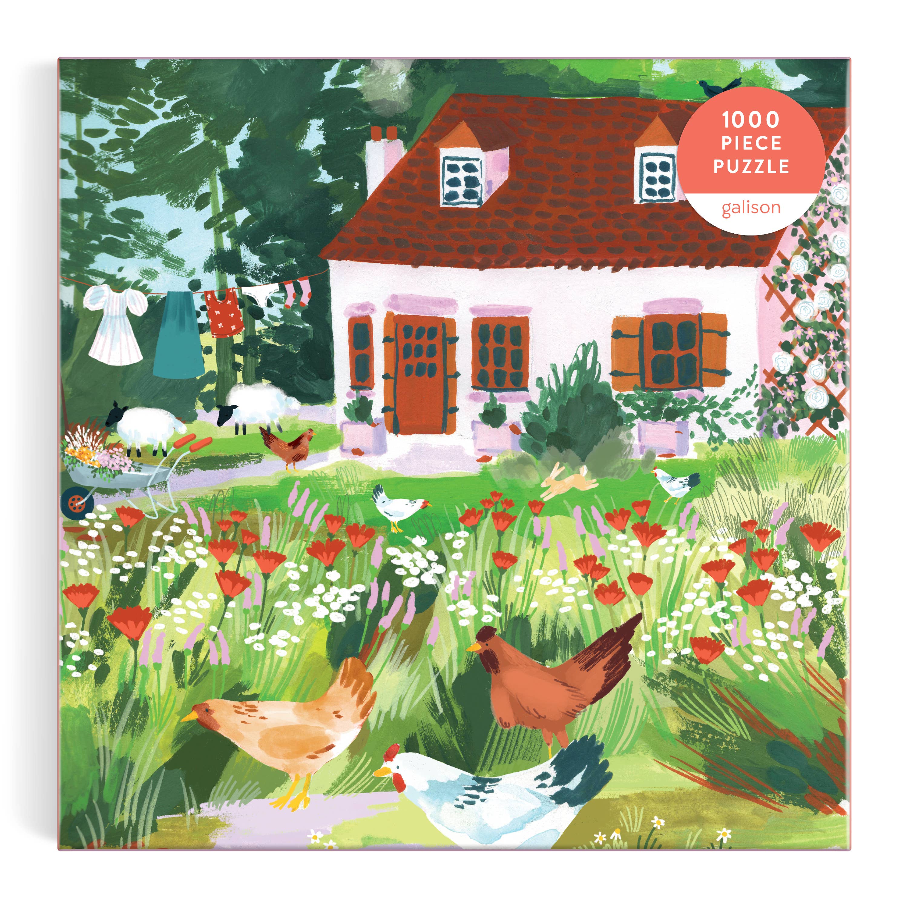 Gallion 1000 piece puzzle packaging with a garden scene featuring chickens and a house.