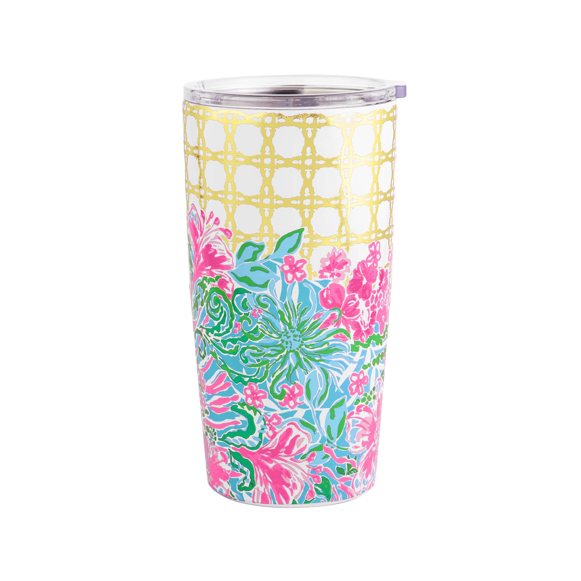 A stainless steel thermal mug with a leaf pattern design in multicolor.