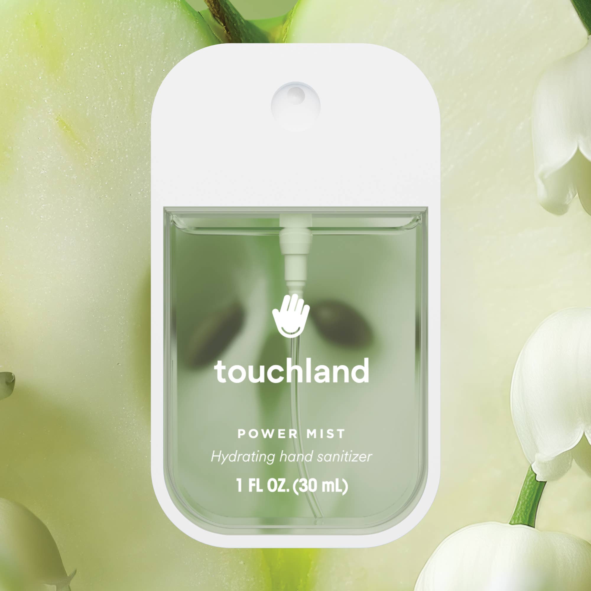 Touchland power mist hand sanitizer on a light green background with flowers