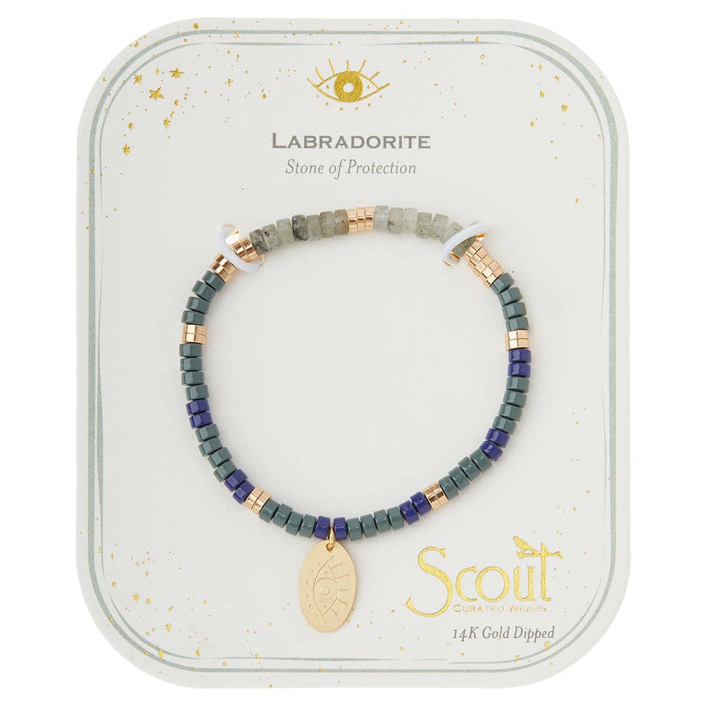 A bracelet with a mix of labradorite beads in shades of blue and gold, enamel beads, and a sterling silver dipped charm, presented on a card with 'Labradorite: Stone of Protection' written on it.