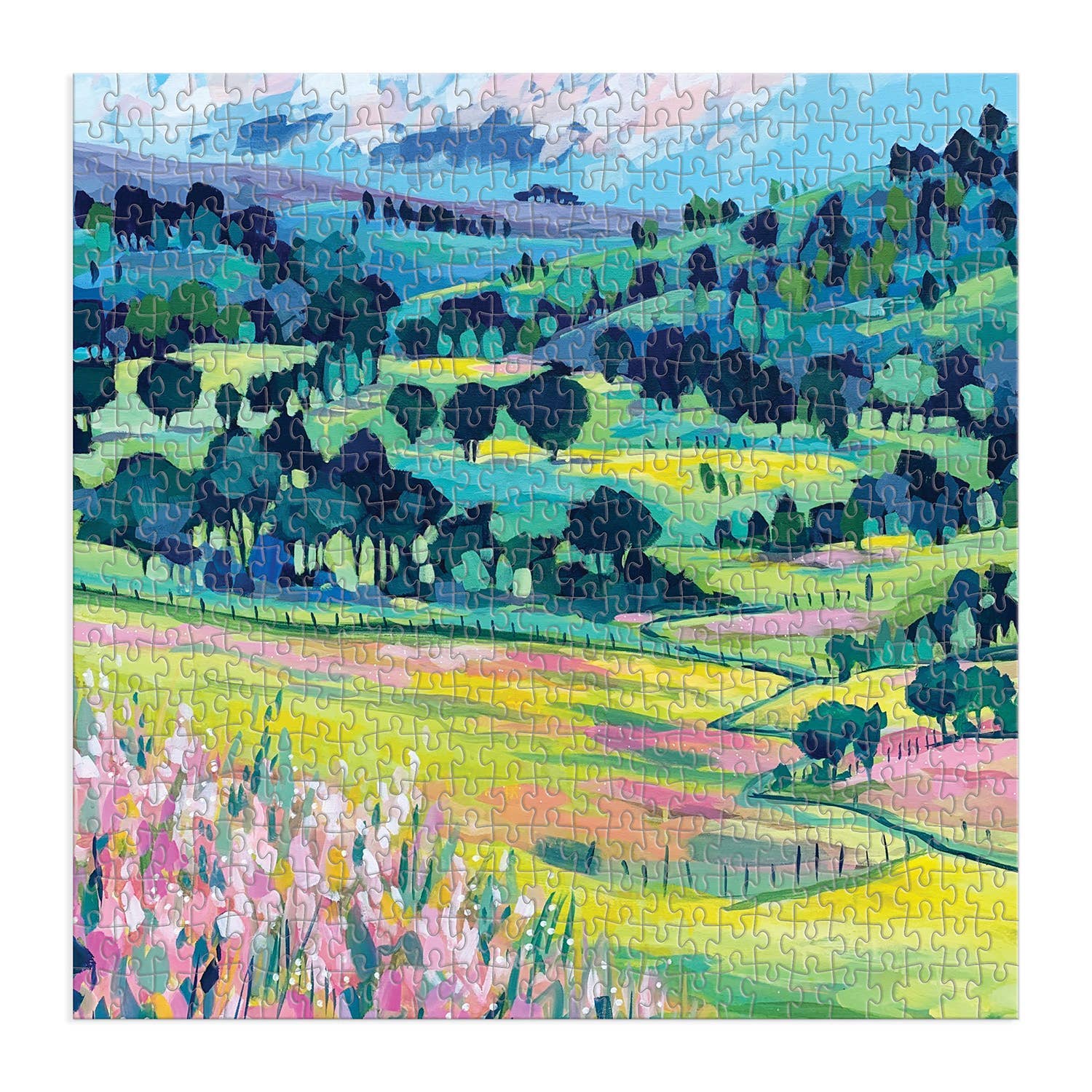Colorful landscape puzzle with green fields, trees, and a blue sky.