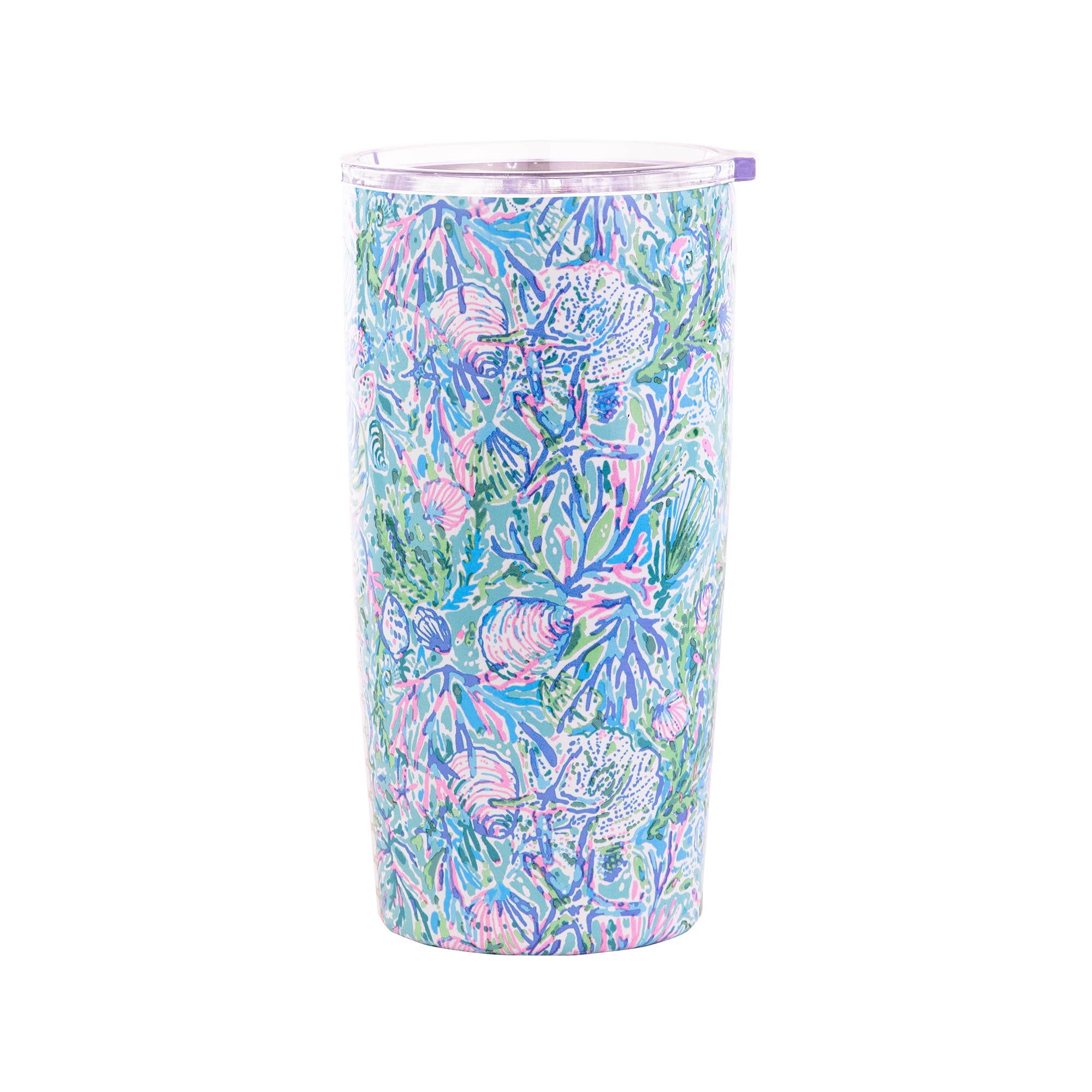 A stainless steel thermal mug with a multicolored floral print design.