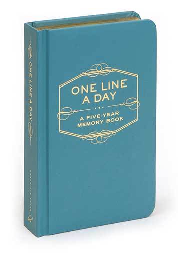 Teal book titled 'One Line a Day: A Five-Year Memory Book' on a white background